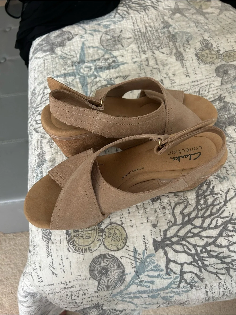 Clarks Taupe Suede Cork Wedge Slingback Sandals